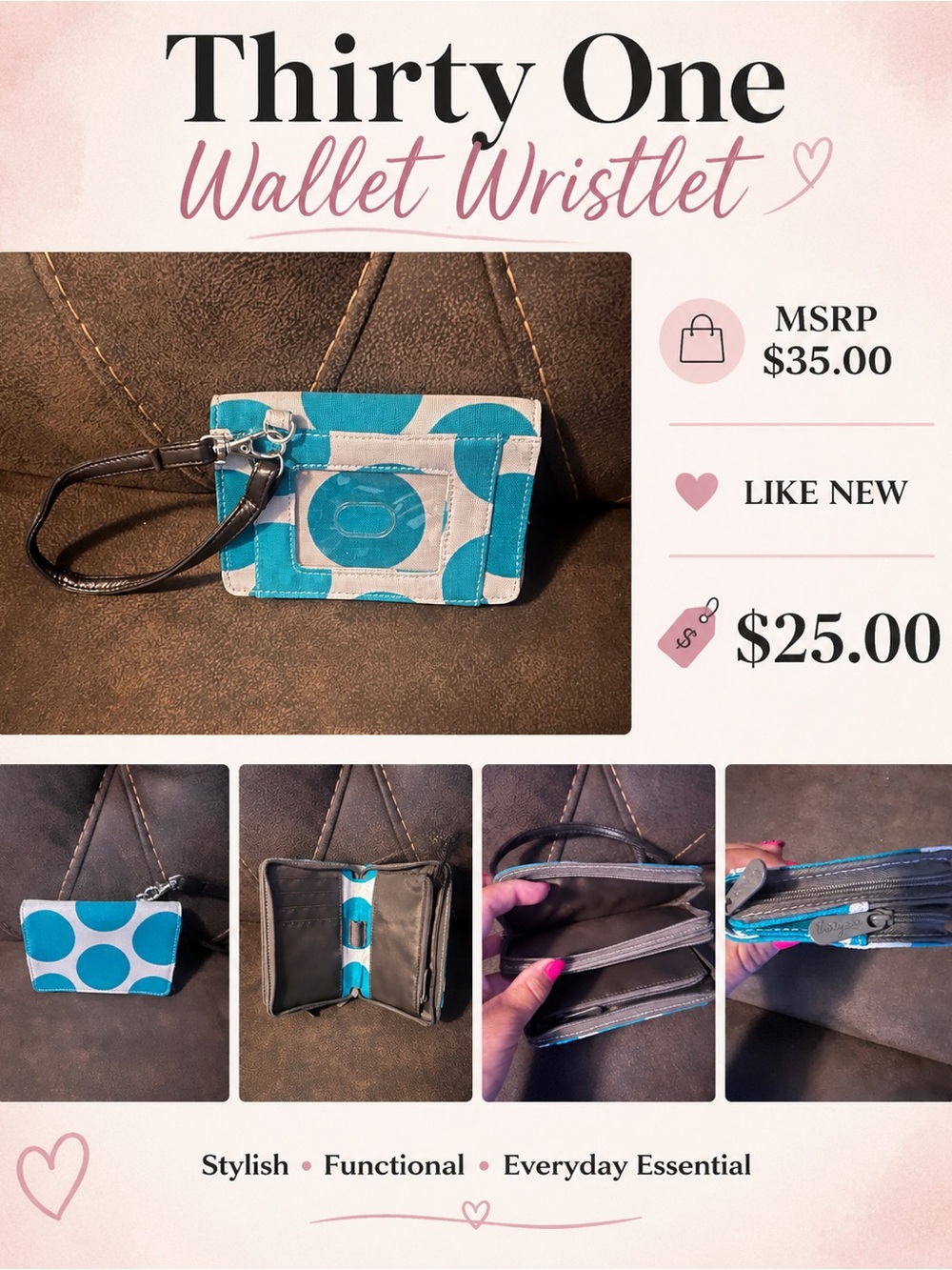 thirty-one Teal and Cream Wristlet Wallet with Removable Strap